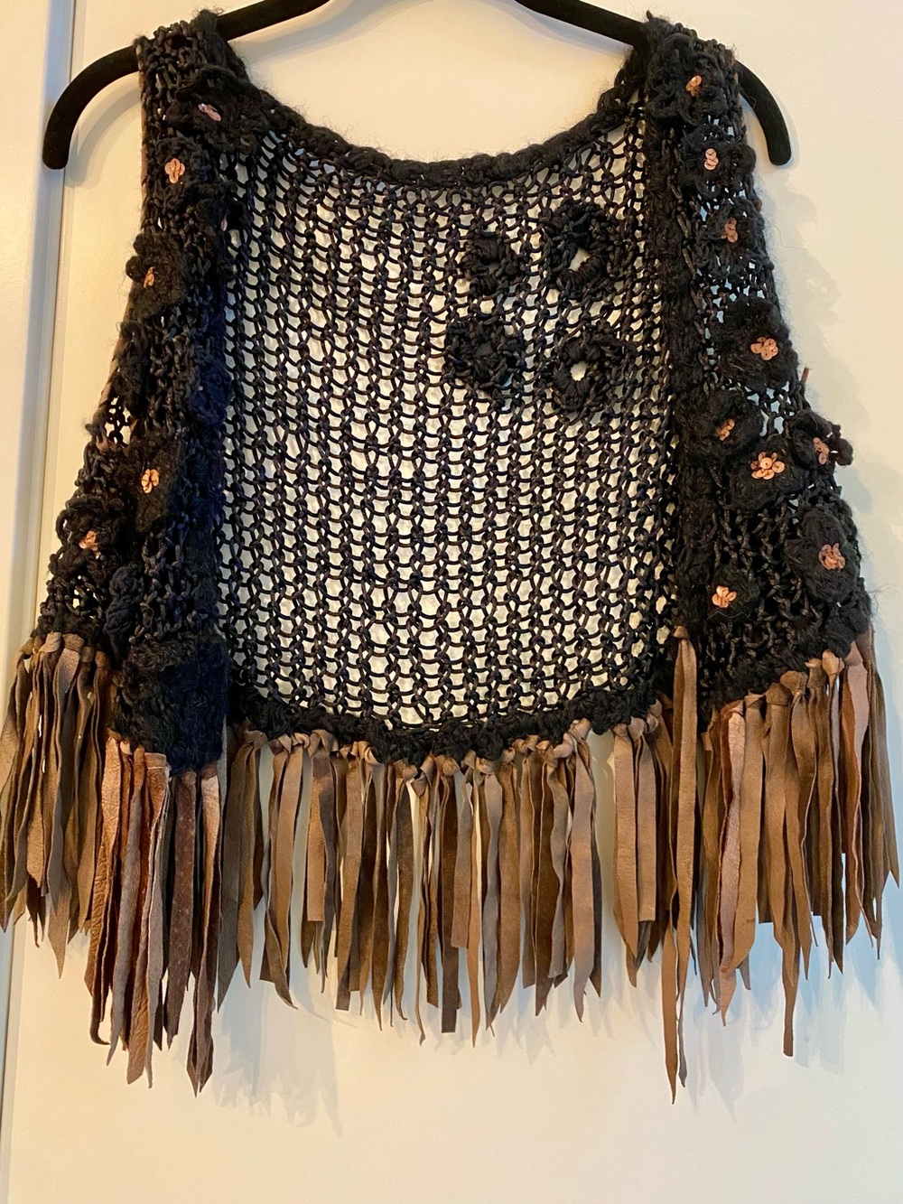Vintage Boho Crochet Fringe Vest - Black with Brown Fringe